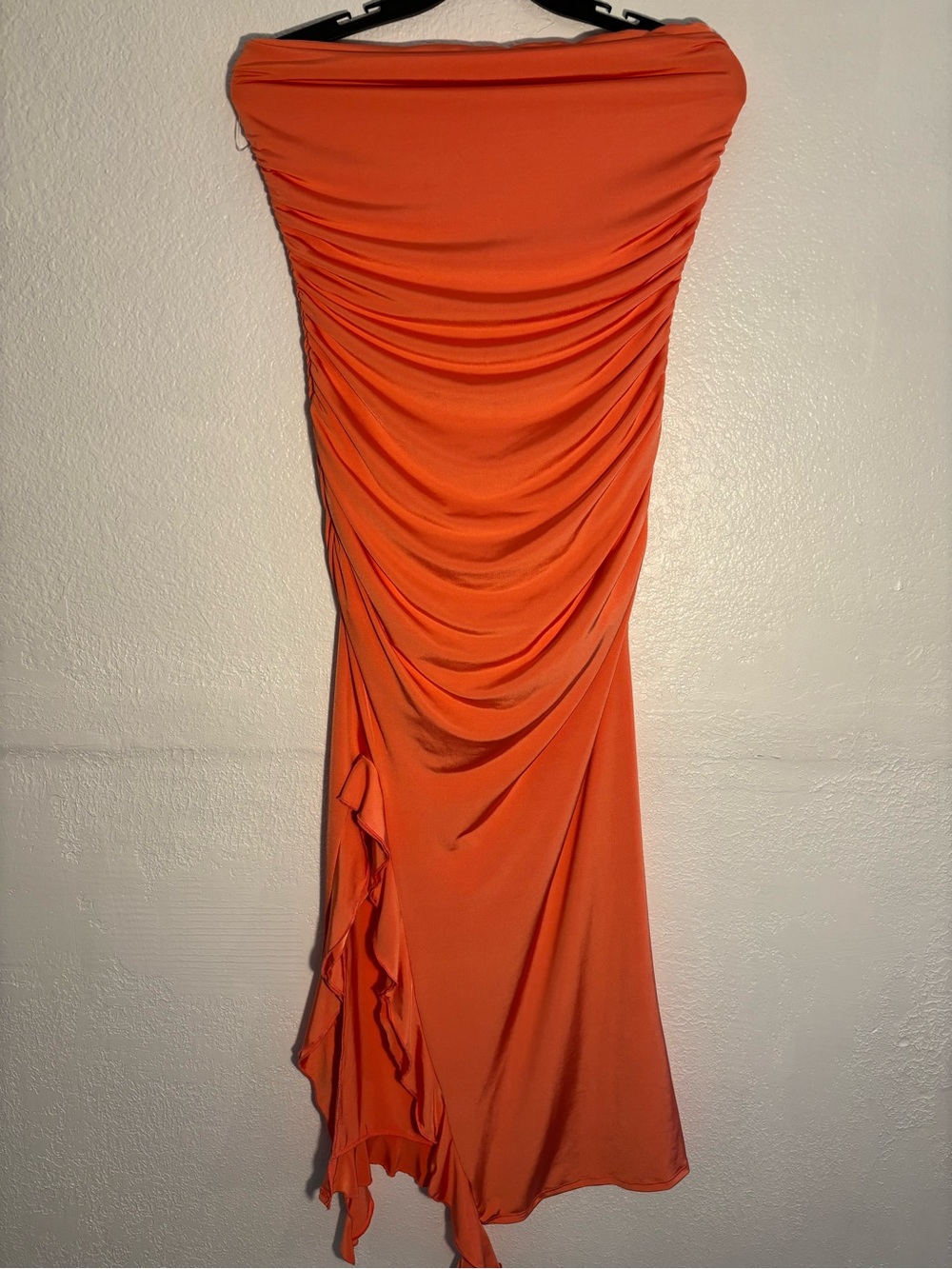 Altar'd State Vibrant Orange Strapless Ruched Midi Dress